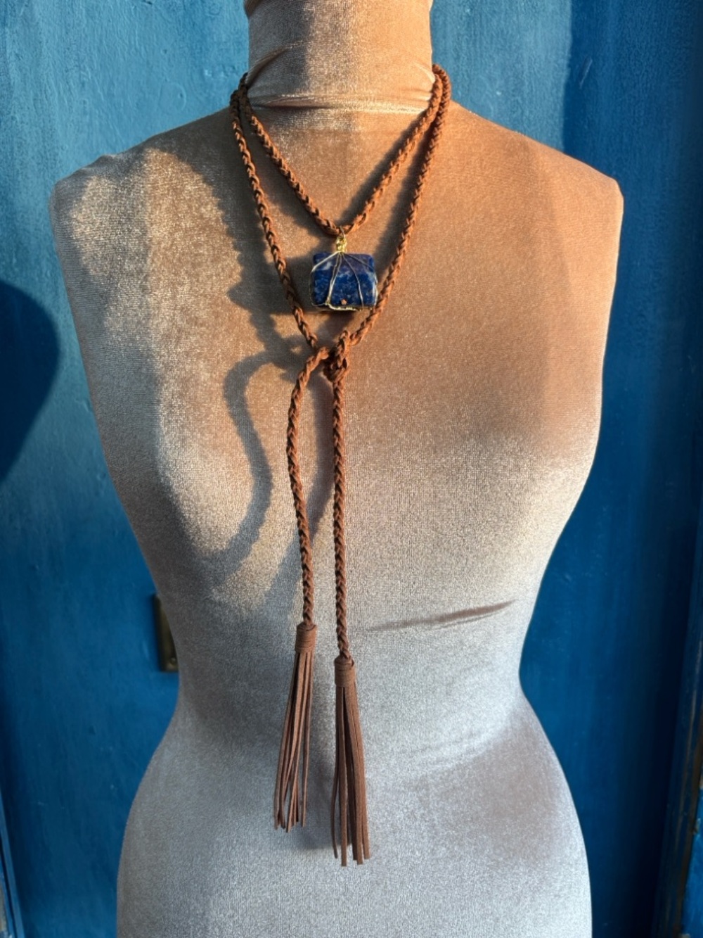 Handmade Brown Leather Lariat Necklace with Blue Stone Pendant